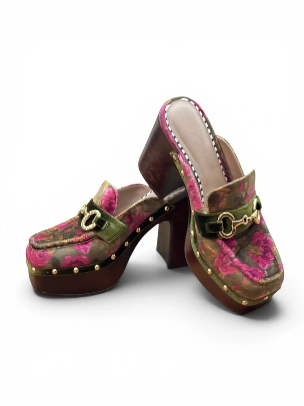Betsey Johnson AYDIN Floral Velvet Platform Mules Groovy 70s Mod Heels Size 9.5